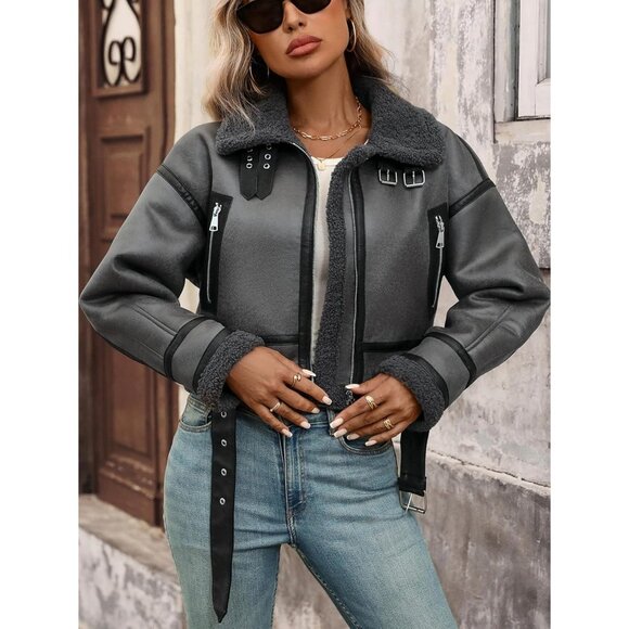Women Faux Lamb Fur Leather Short Jacket Lapel Zipper Bomber Aviator Coat Grey - Picture 7 of 9